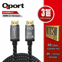 Qport 3 Metre Q-Hdmi213 2.1V 8K Altın U&Ccedil;Lu &Ouml;Rg&Uuml;L&Uuml; Hdmi Kablo (Q-Hdmi213)