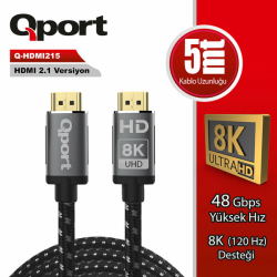 Qport 5 Metre Q-Hdmi215 2.1V 8K Altın U&Ccedil;Lu &Ouml;Rg&Uuml;L&Uuml; Hdmi Kablo (Q-Hdmi215)
